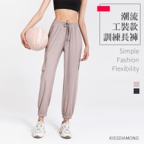 【KISSDIAMOND】潮流工裝款健身訓練長褲(KDP-046)（煙灰-S）